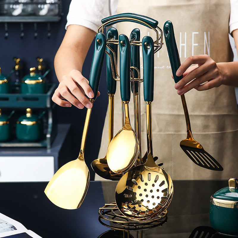 ZAVA SMART 7 PCS Stainless Steel Silicone Kitchen Utensil Slotted Spatula Turner Ladle Serving Spoon Pasta Server Cooking Set