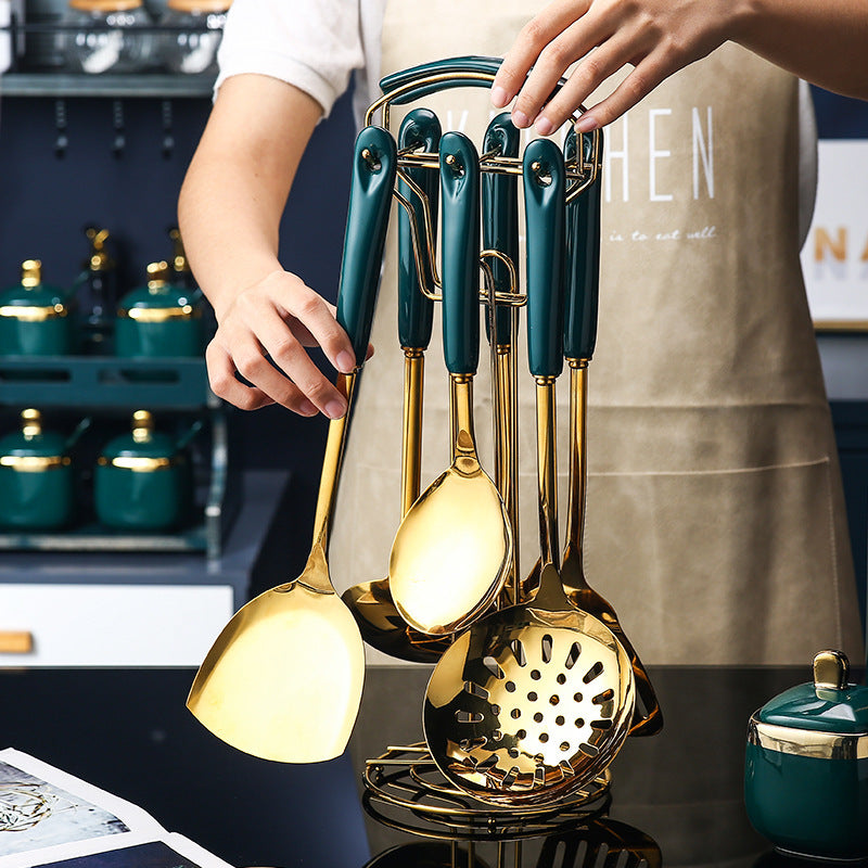 ZAVA SMART 7 PCS Stainless Steel Silicone Kitchen Utensil Slotted Spatula Turner Ladle Serving Spoon Pasta Server Cooking Set