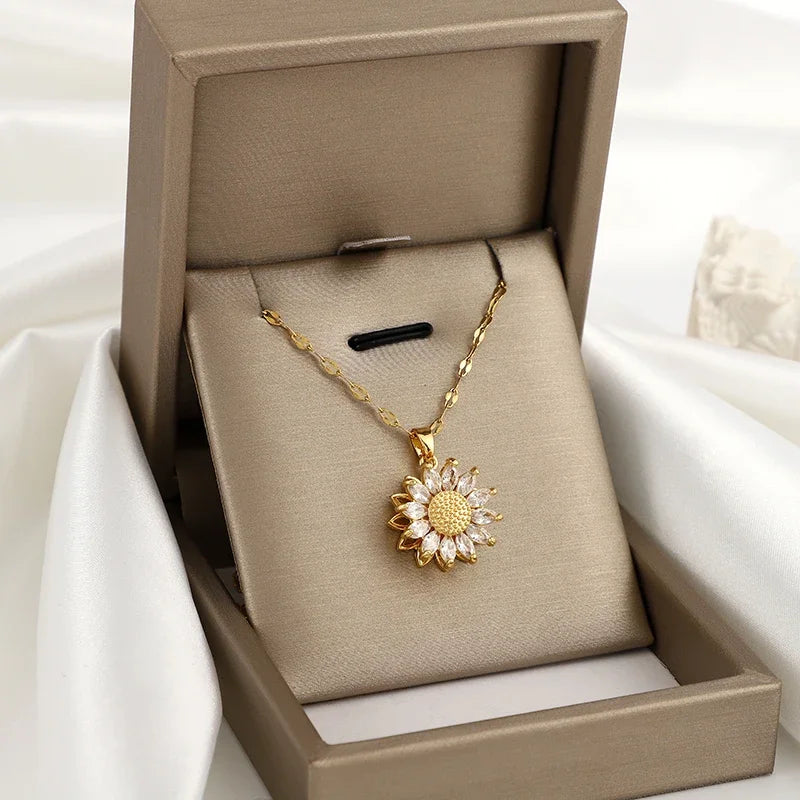 360° rotatable decompression sunflower sunflower zircon pendant necklace for women’s birthday gift and Thanksgiving gift