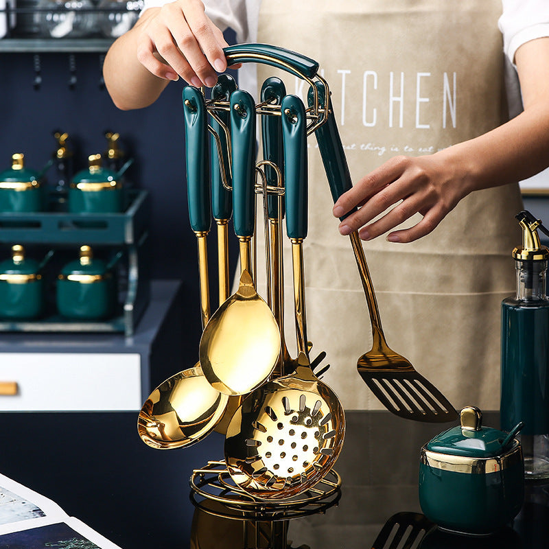 ZAVA SMART 7 PCS Stainless Steel Silicone Kitchen Utensil Slotted Spatula Turner Ladle Serving Spoon Pasta Server Cooking Set