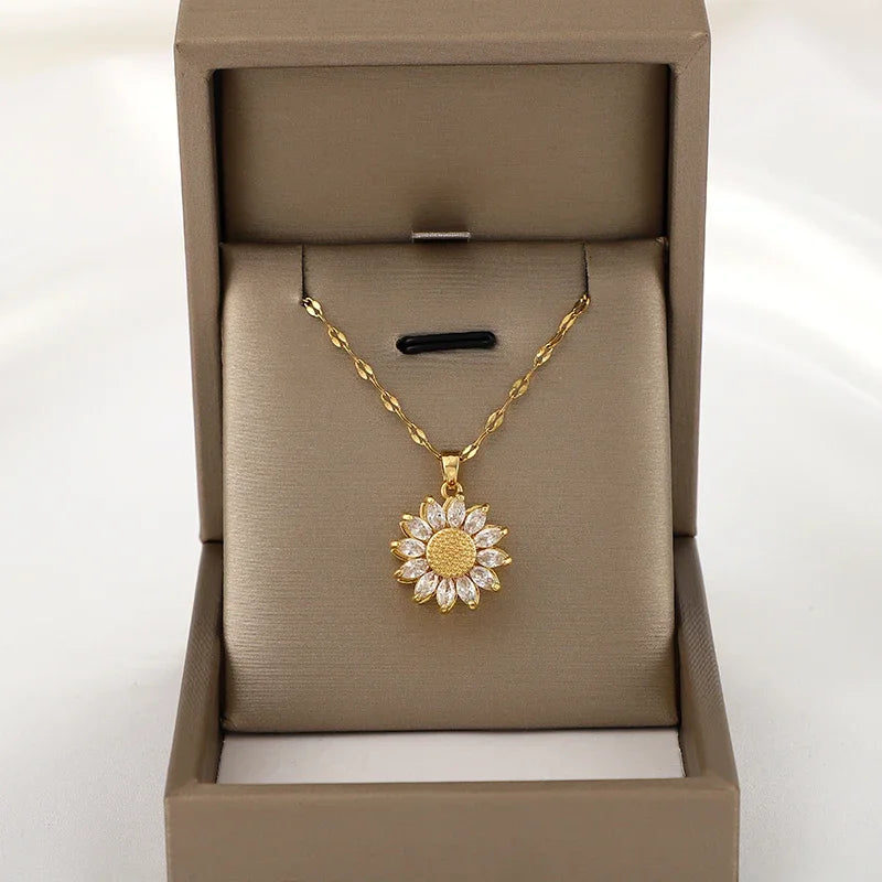 360° rotatable decompression sunflower sunflower zircon pendant necklace for women’s birthday gift and Thanksgiving gift